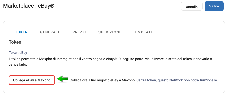 Il pulsante Collega eBay a Maxpho nella scheda Token