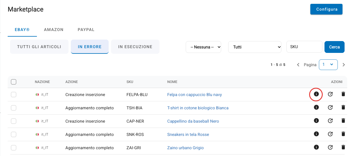 Gli aggiornamenti in errore nella pagina Marketplace