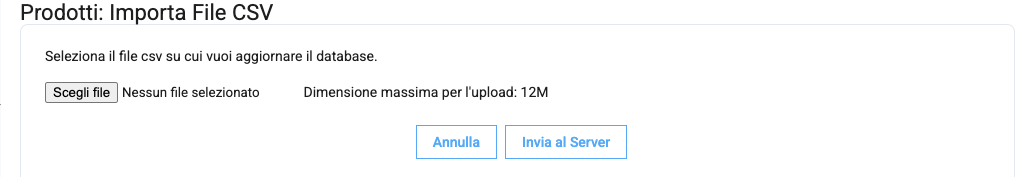 La pagina Prodotti: Importa File CSV