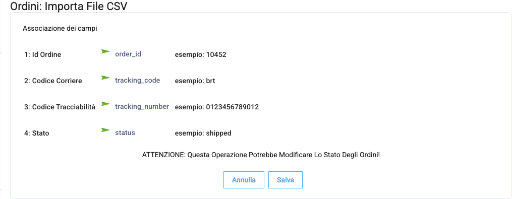 L'associazione delle colonne del file degli ordini