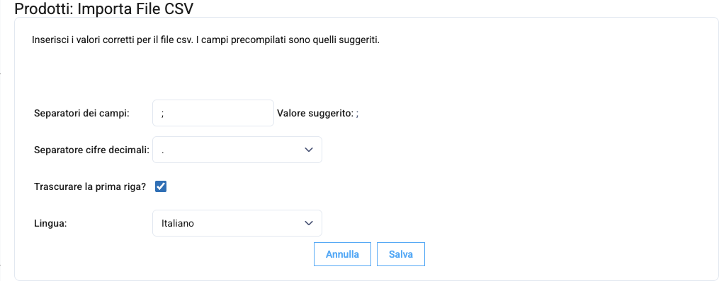 Le impostazioni del formato del file CSV