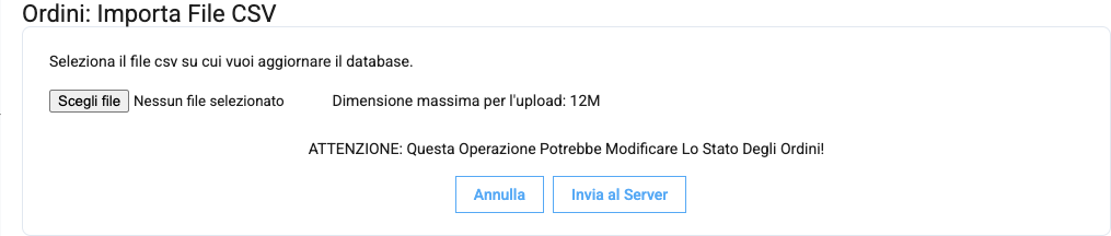 La pagina Ordini: Importa File CSV