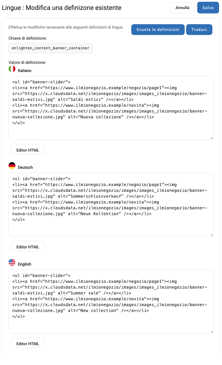 La definizione dei banner in Gestione Testi, con un campo per ogni lingua