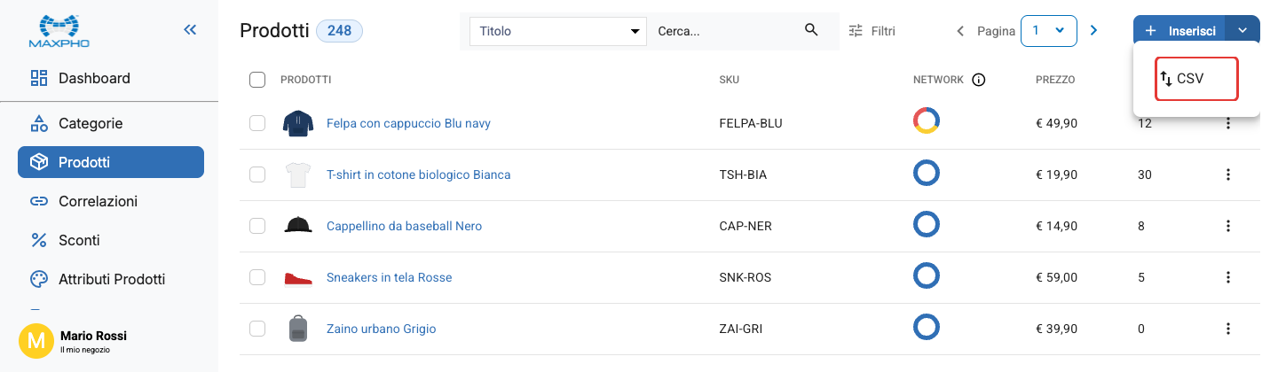 La voce CSV nel menu accanto a Inserisci, nell'elenco dei prodotti