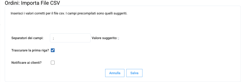 Le impostazioni del file CSV degli ordini