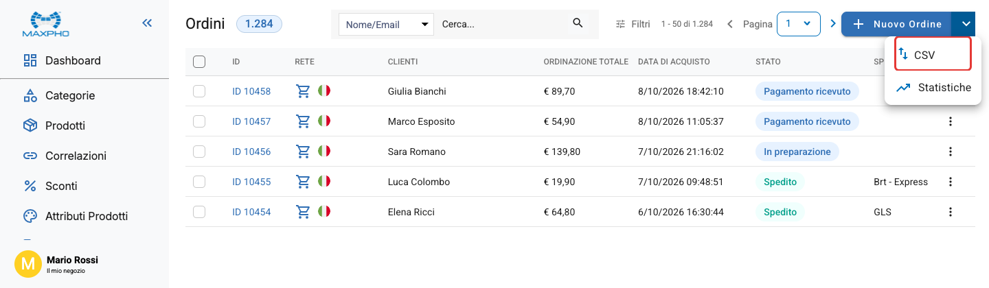 La voce CSV nel menu accanto a Nuovo Ordine