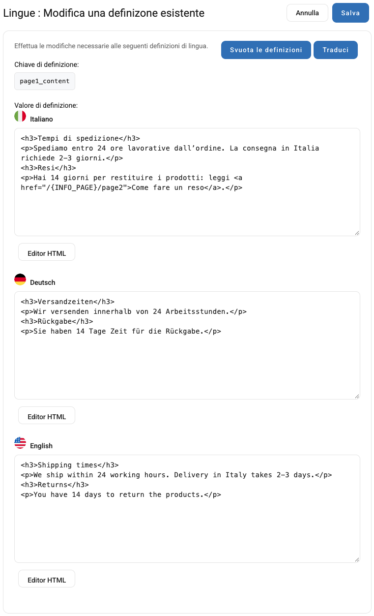 Il contenuto della pagina 1, con un campo per ogni lingua