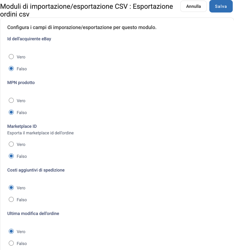Le impostazioni di Esportazione ordini csv con le colonne da includere
