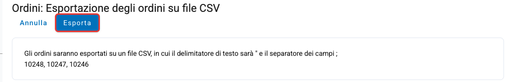 La pagina di esportazione degli ordini su file CSV
