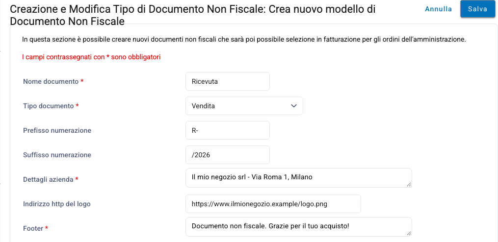 Il modulo per creare un nuovo modello di documento non fiscale