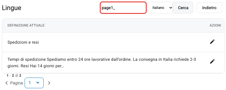 La ricerca delle definizioni della pagina 1 in Gestione Testi