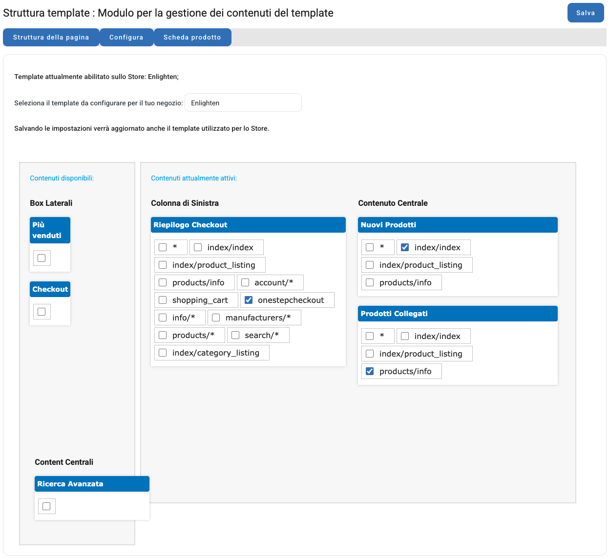 La scheda Struttura della pagina con i contenuti disponibili e quelli attivi