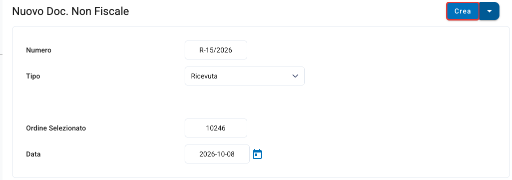 La pagina Nuovo Doc. Non Fiscale con il tipo, il numero e la data