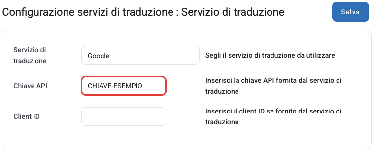 La pagina Traduzioni con il servizio Google e la chiave API