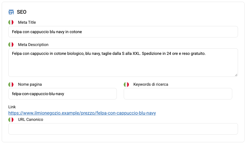 Il riquadro SEO nella scheda eCommerce di un prodotto