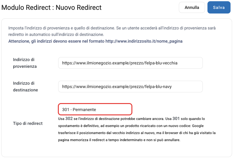 Il modulo per creare un nuovo redirect