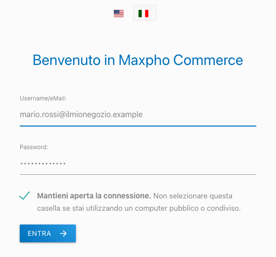 La pagina di accesso al pannello di Maxpho Commerce