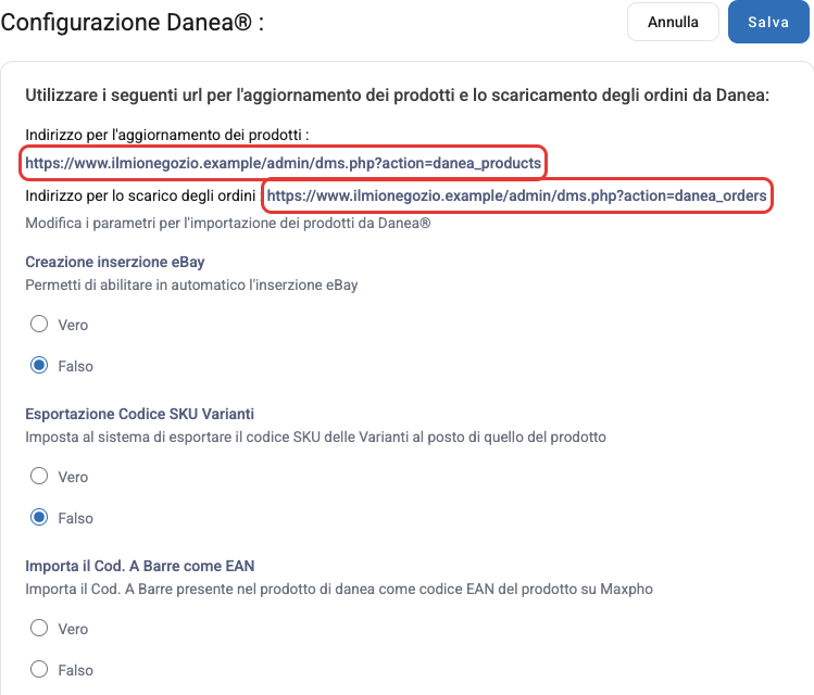 La pagina di configurazione di Danea con gli indirizzi da copiare in Danea Easyfatt