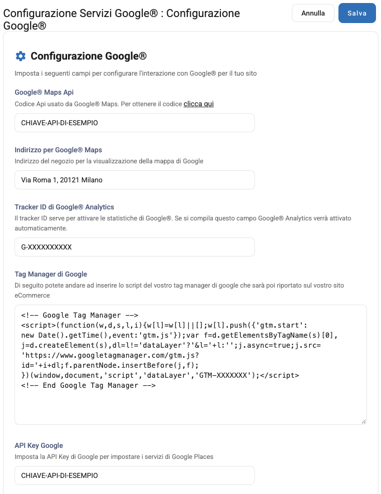 La configurazione dei servizi Google, con dati di esempio