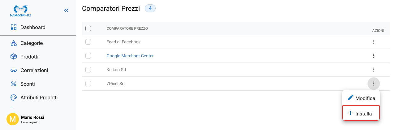L'elenco dei comparatori con il menu Modifica e Installa aperto