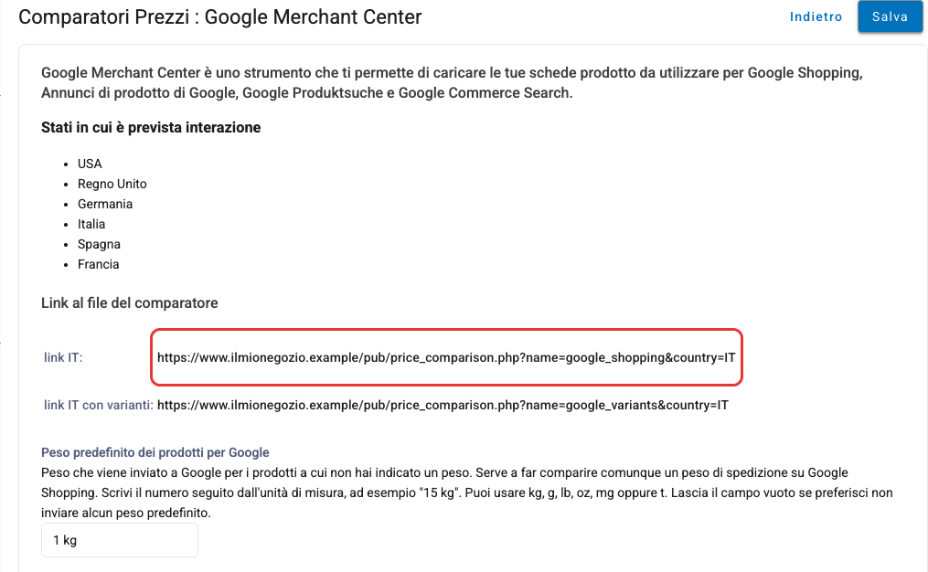 La pagina di Google Merchant Center con gli indirizzi dei feed