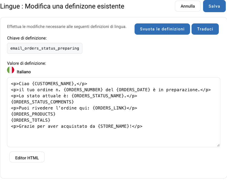 Il testo di un'e-mail di stato in Gestione Testi, con i segnaposto