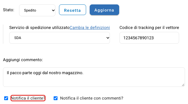 La sezione Stati di un ordine, con lo stato Spedito, il corriere e il codice di tracking