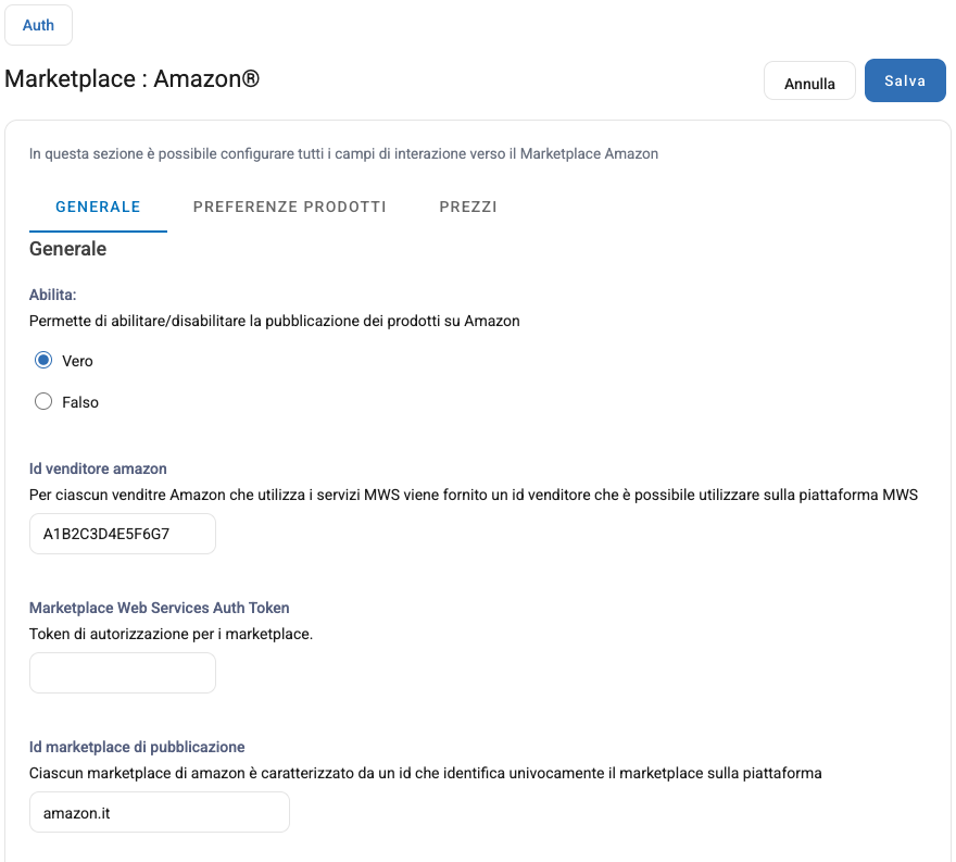 La scheda Generale della configurazione di Amazon