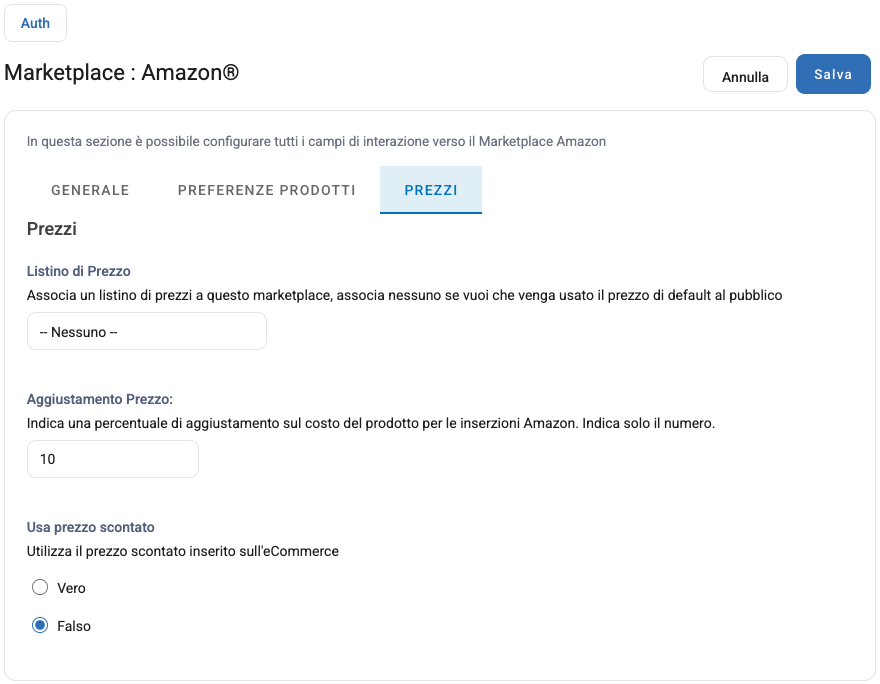 La scheda Prezzi della configurazione di Amazon