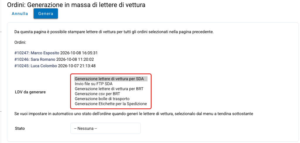 La pagina di generazione in massa delle lettere di vettura con le scelte disponibili