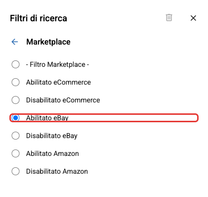 Il filtro Marketplace con Abilitato eBay