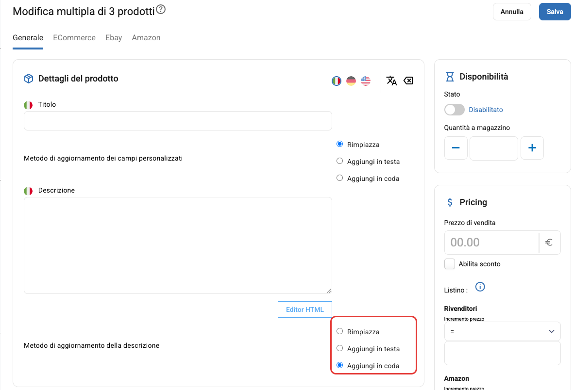 Il metodo di aggiornamento della descrizione nella modifica multipla