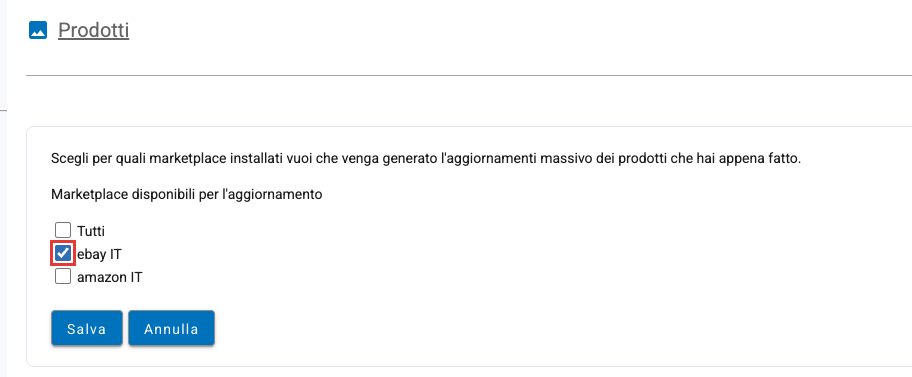 La scelta dei marketplace da aggiornare
