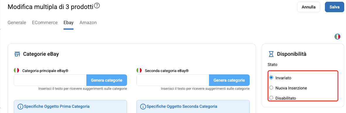 Lo stato eBay nella modifica multipla dei prodotti
