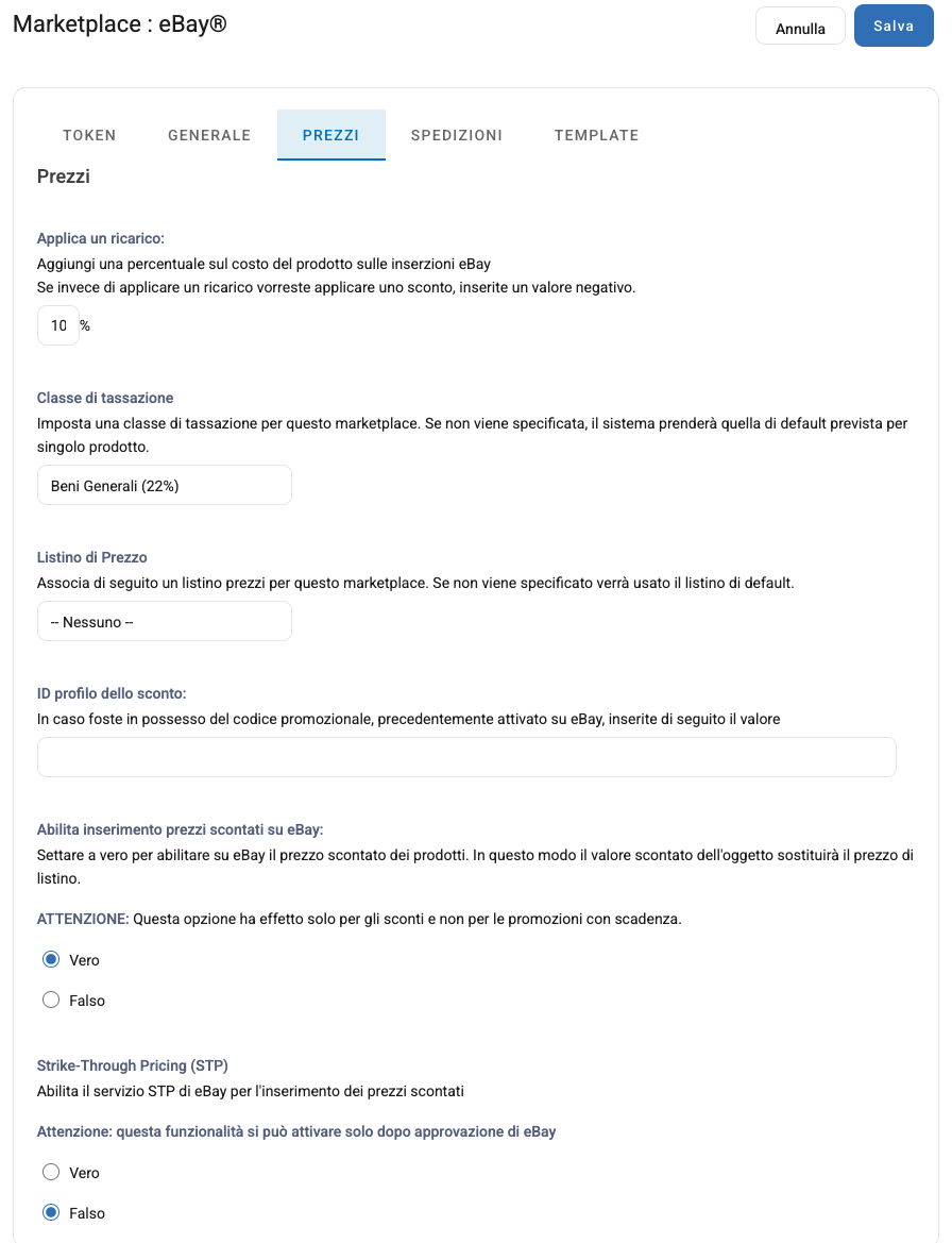La scheda Prezzi della configurazione eBay
