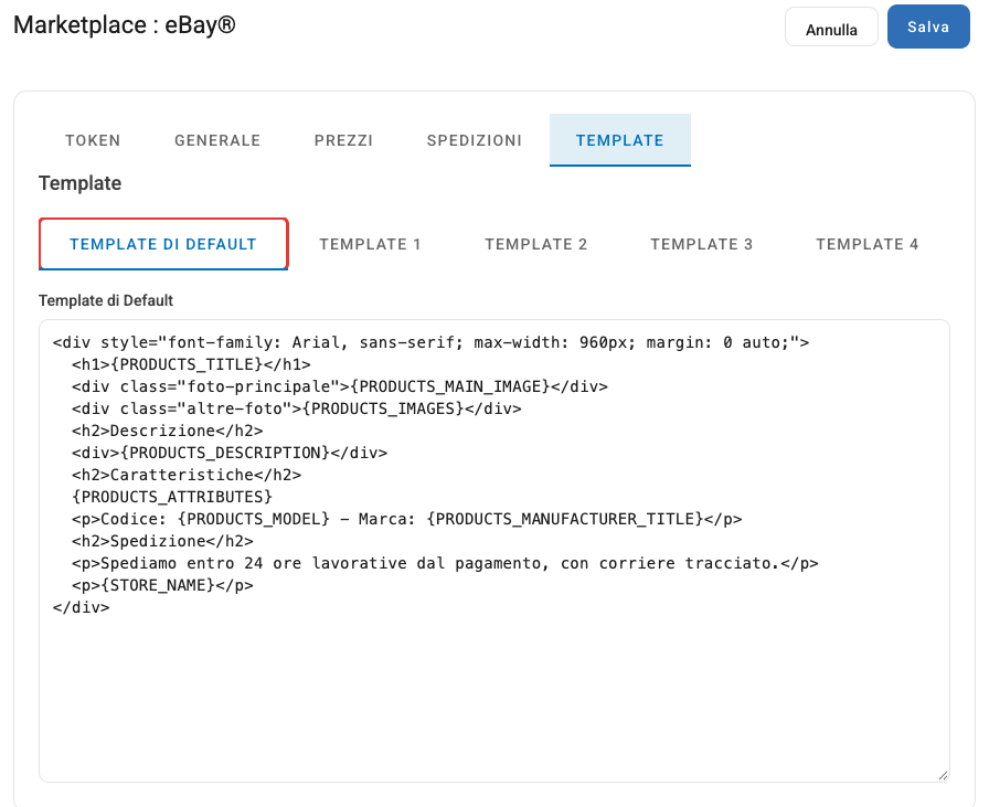 La scheda Template della configurazione eBay