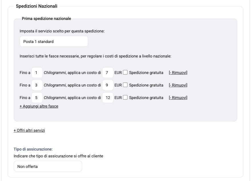 Il riquadro Spedizioni Nazionali con tre fasce di peso