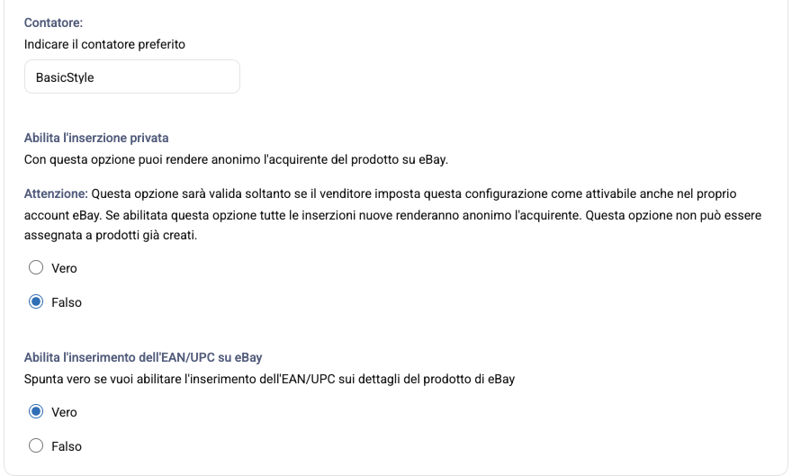 Le voci Contatore, Abilita l'inserzione privata e Abilita l'inserimento dell'EAN/UPC su eBay