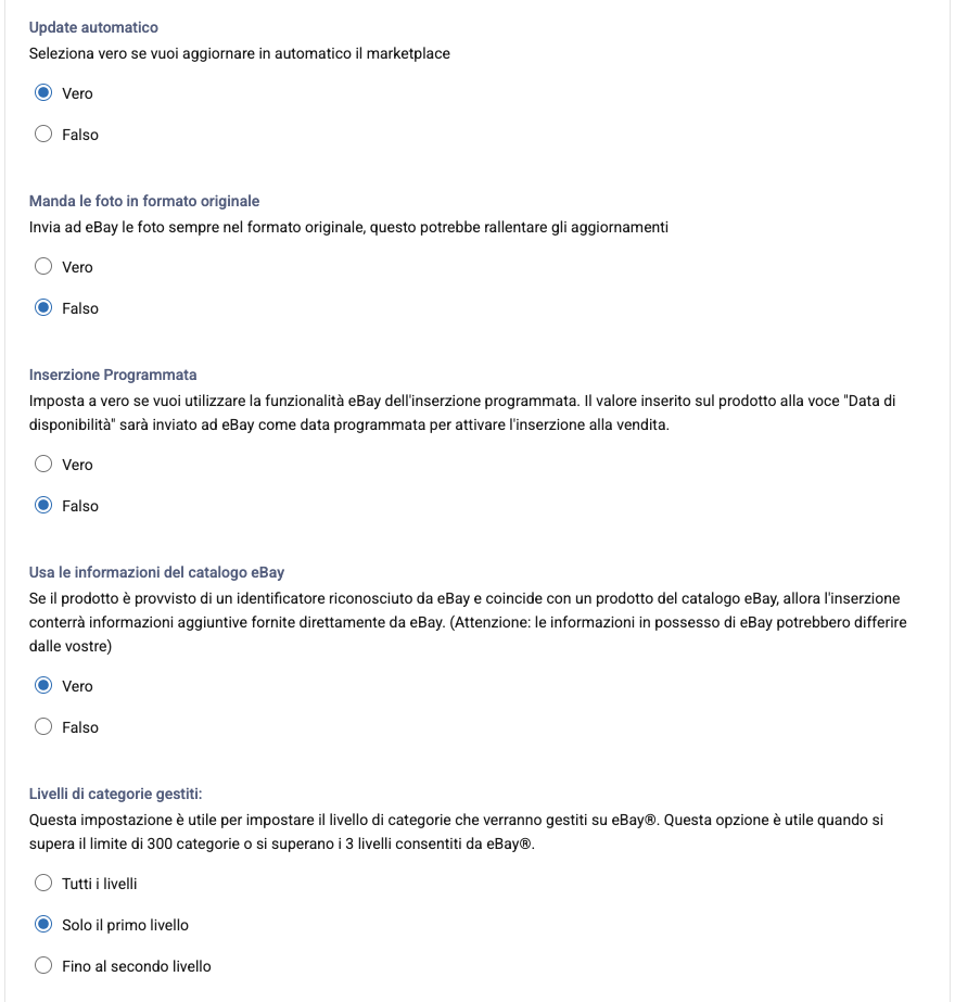 Le opzioni Update automatico, Inserzione Programmata e Livelli di categorie gestiti