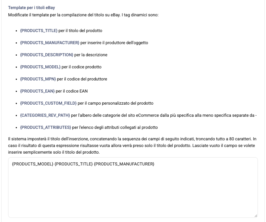 Il campo Template per i titoli eBay