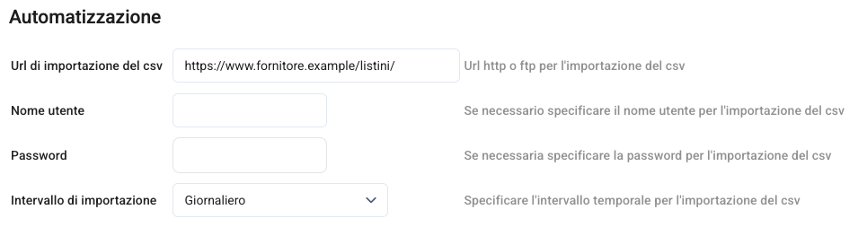 La sezione Automatizzazione di un modello CSV Pro
