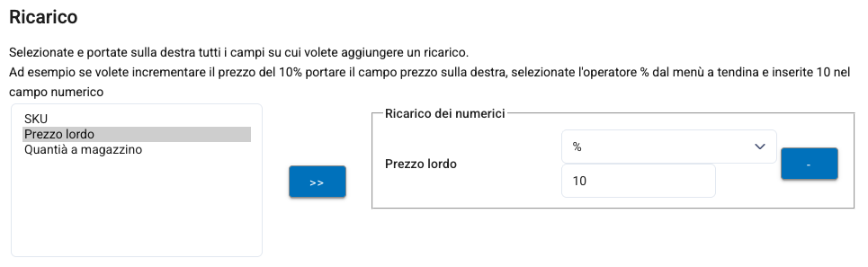 La sezione Ricarico con un aumento del 10% sul prezzo lordo