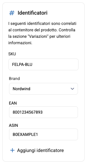 Il riquadro Identificatori con EAN e ASIN del prodotto