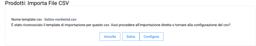 Il messaggio che il template di importazione è stato riconosciuto