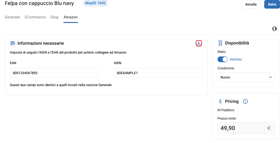 La scheda Amazon di un prodotto, con EAN, ASIN, stato e condizione