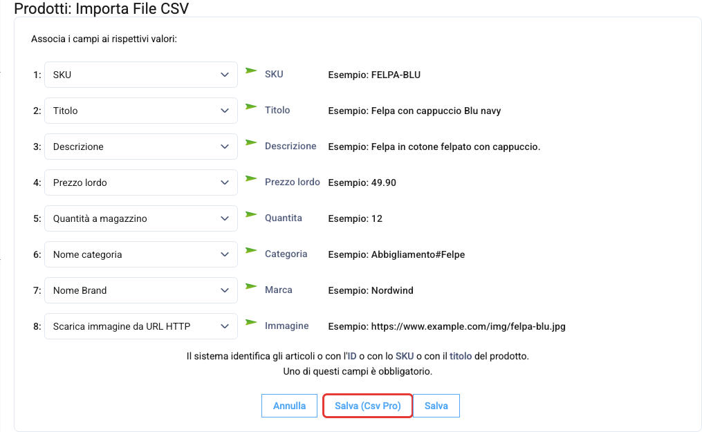 Il pulsante Salva (Csv Pro) nell'associazione delle colonne