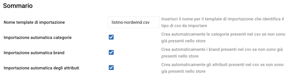 La sezione Sommario di un modello CSV Pro