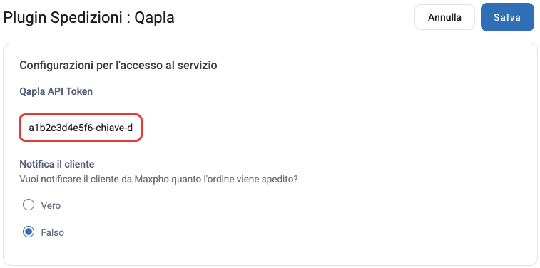 Le impostazioni del modulo Qapla con la chiave API