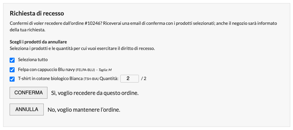 La richiesta di conferma con la scelta dei prodotti e delle quantità