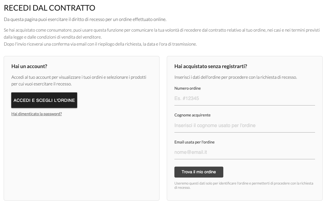 La pagina Recedi dal contratto del sito